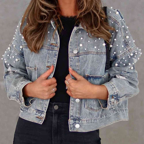 'Marlowe' Distressed Pearl Crop Jacket - Celes Fashion